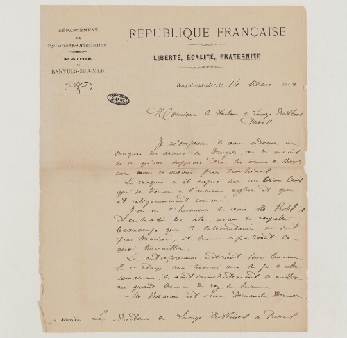 Correspondance de la Mairie de Banyuls-sur-Mer et Henri de Lacaze-Duthiers