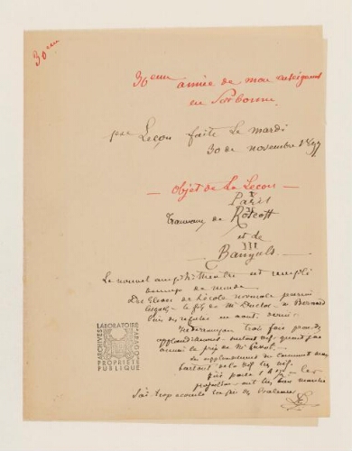 1ère leçon, 30ème année d'enseignement en Sorbonne, 30 novembre 1897 - Travaux de Paris, Roscoff et Banyuls.