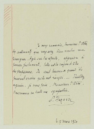 Archives de Philippe Bertault. Correspondance de l'Abbé Philippe Bertault et Paul Hazard