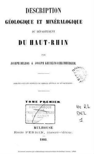 Description géologique et minéralogique du Département du Haut-Rhin. Tome premier