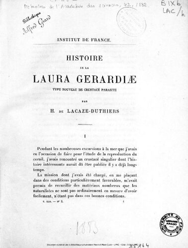 Histoire de la Laura gerardiae : type nouveau de crustace parasite