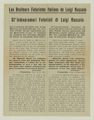 Les bruiteurs Futuristes Italiens de Luigi Russolo : tract de la Direction du mouvement Futuriste.