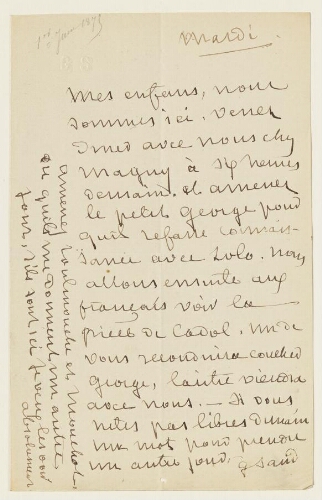 Lettre du 1er juin 1875 de George Sand à Esther et Eugène Lambert