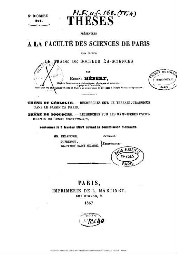 Recherches sur le terrain jurassique dans le bassin de Paris. Suivi de Recherches sur les mammifères pachydermes du genre "Coryphodon"...