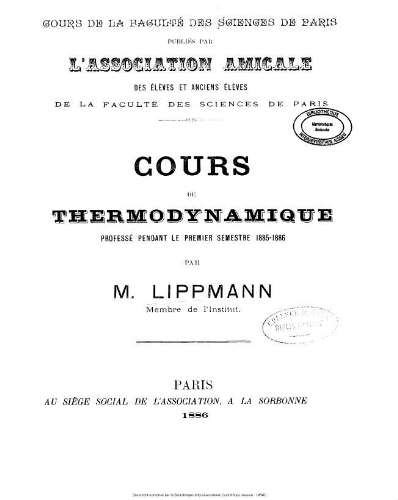 Cours de thermodynamique : professé pendant le premier semestre 1885-1886
