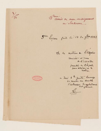 Faculté des sciences de Paris. La Sorbonne.3ème leçon, 16ème année d'enseignement en Sorbonne, 13 novembre 1883 - Définitions diverses de l'espèce