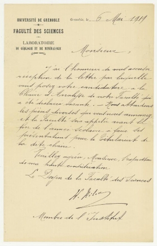 Correspondance de Wilfrid Kilian à Robert de Montessus de Ballore