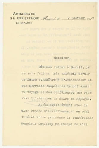 Correspondance de l'Ambassade de la République française en Espagne à Robert de Montessus de Ballore