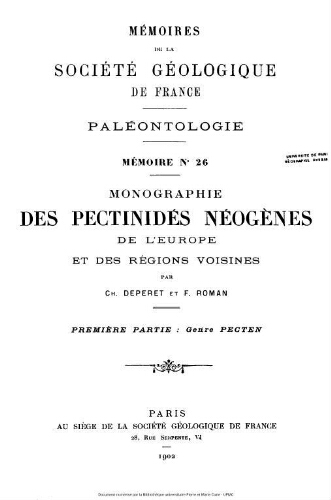 Monographie des Pectinidés néogènes de l'Europe et des régions voisines
