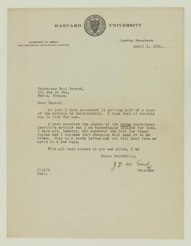 Correspondance reçue par Paul Hazard en 1931
