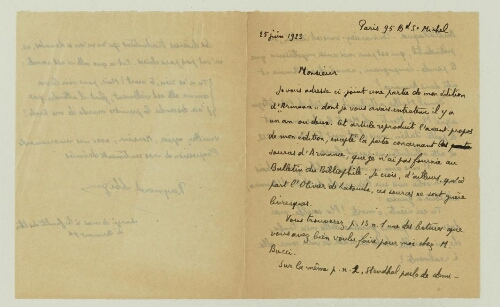 Correspondance reçue par Paul Hazard en 1923. Lettre de Raymond Lebègue.