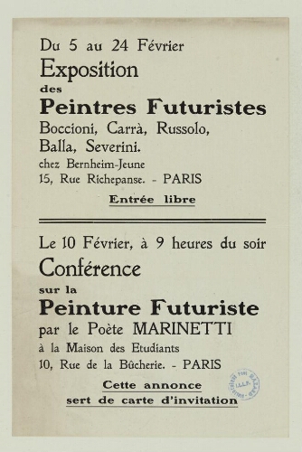 Exposition et conférence futuriste du 5 au 24 février [1924] : brochure.