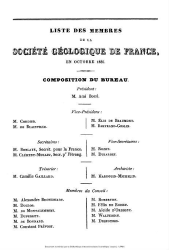 Liste des membres de la Société Géologique de France en octobre 1835.