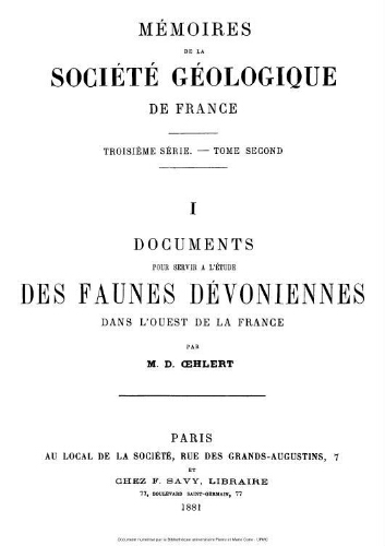 Documents pour servir à l'étude des faunes dévoniennes dans l'Ouest de la France