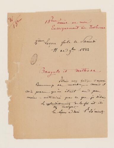 2ème leçon, 15ème année d'enseignement en Sorbonne, 11 novembre 1882 - Banyuls et méthode.