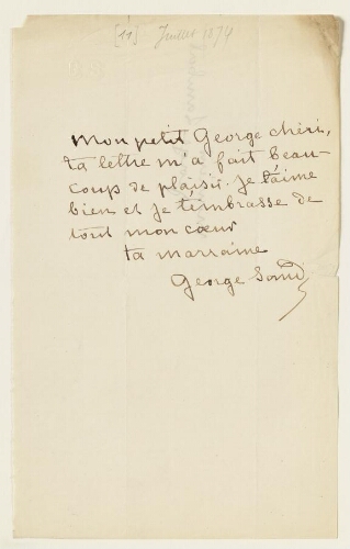 Lettre du 12 juillet 1874 de George Sand à George Lambert