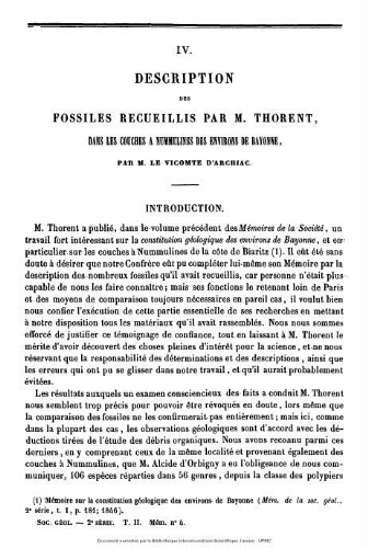 Description des fossiles recueillis par M. Thorent dans les couches à nummulites des environs de Bayonne