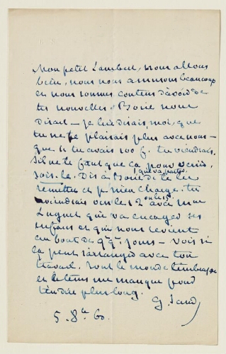 Lettre du 5 octobre 1860 de George Sand à Eugène Lambert