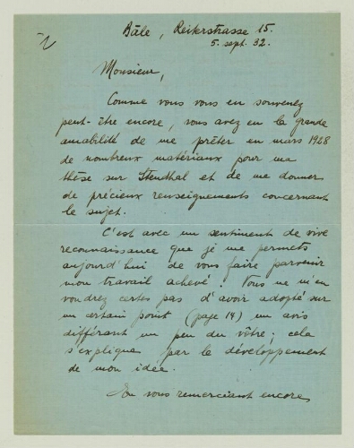 Correspondance reçue par Paul Hazard en 1932. Lettre de Juliette Sagne.