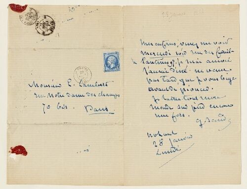 Lettre du 28 janvier 1866 de George Sand à Eugène  et Esther Lambert