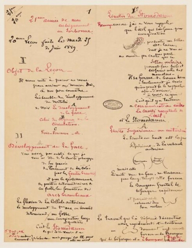 20ème leçon, 21ème année d'enseignement en Sorbonne, 25 juin 1889 - Dévelopement de la face, des organes de la circulation, du foie, des poumons, etc.