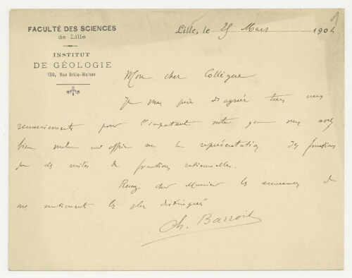 Correspondance de Charles Barrois à Robert de Montessus de Ballore