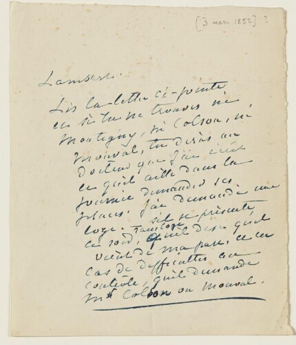 Lettre du 3 mars 1852 de George Sand à Eugène Lambert