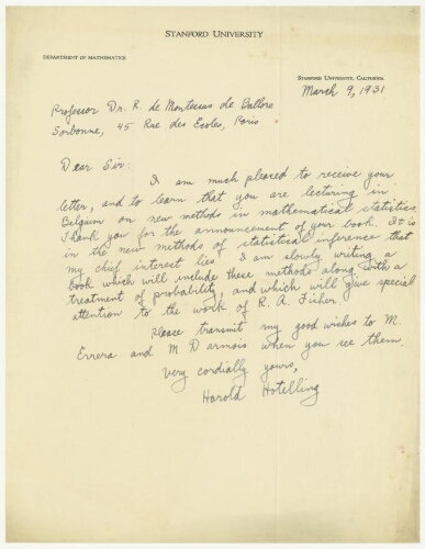 Correspondance d'Harold Hotelling à Robert de Montessus de Ballore