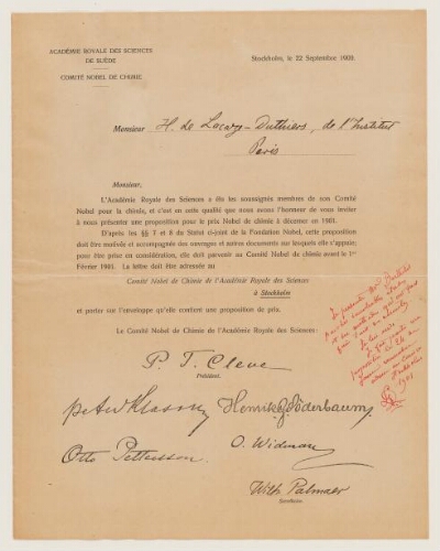 Prix Nobel de chimie de 1901, Marcellin Berthelot proposé au comité par Henri de Lacaze-Duthiers : invitation de la fondation Nobel à proposer une candidature