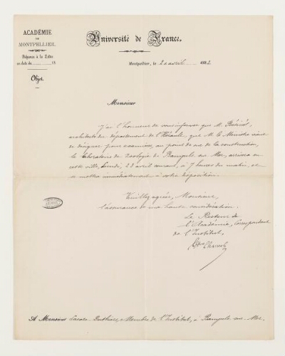 Correspondance de l'Académie de Montpellier et Henri de Lacaze-Duthiers