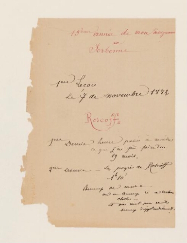 1ère leçon, 15ème année d'enseignement en Sorbonne, 1882 - Compte-rendu des activités menées à Roscoff.