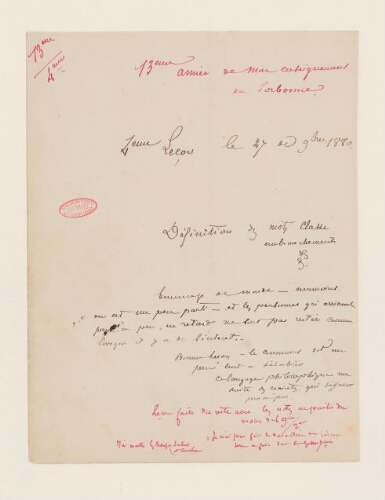 4ème leçon, 13ème année d'enseignement en Sorbonne, 27 novembre 1880 - Définitions des mots classe et embranchement.
