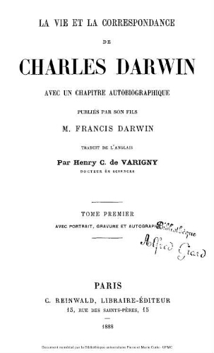 La vie et la correspondance de Charles Darwin. Tome premier