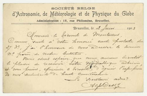 Correspondance de la Société belge d'Astronomie à Robert de Montessus de Ballore