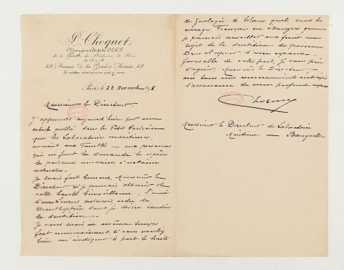Correspondance de J. Choquet et Henri de Lacaze-Duthiers