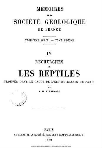 Recherches sur les reptiles trouvés dans le Gault de l'Est du Bassin de Paris
