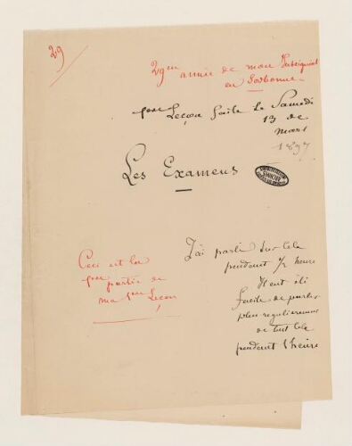 1ère leçon - 1ère partie, 29ème année d'enseignement en Sorbonne, 13 mars 1897  - Les examens.