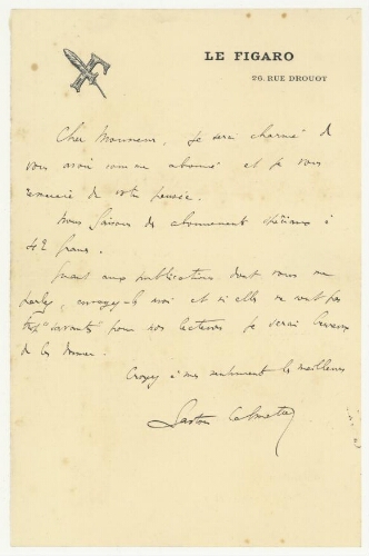 Correspondance de Gaston Calmette à Robert de Montessus de Ballore