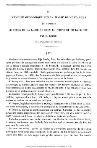 Mémoire géologique sur la masse de montagnes : qui séparent le cours de la Loire de ceux du Rhone et de la Saone