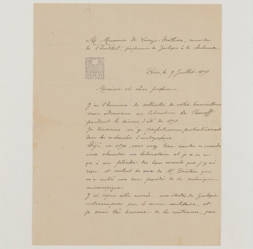 Correspondance de Théo Mamelle et Henri de Lacaze-Duthiers