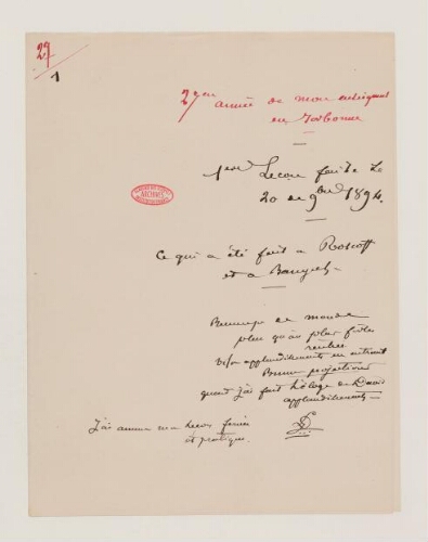 1ère leçon, 27ème année d'enseignement en Sorbonne, 20 novembre 1894 - Ce qui a été fait à Roscoff et Banyuls.