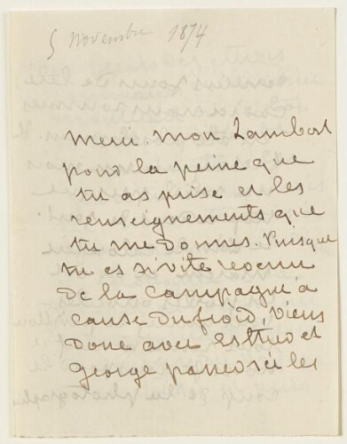 Lettre du 5 novembre 1874 de George Sand à  Eugène Lambert