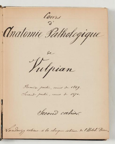 Cours d'anatomie pathologique d'Alfred Vulpian rédigé de la main de Louis Landouzy - second cahier.