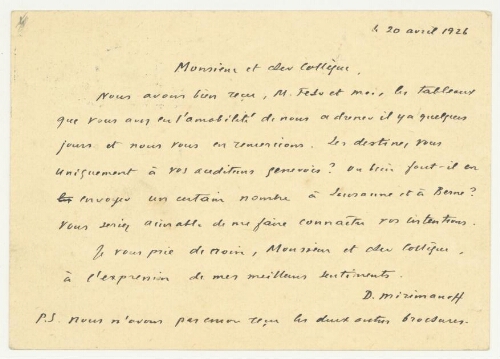 Correspondance de Dimitry Mirimanoff à Robert de Montessus de Ballore