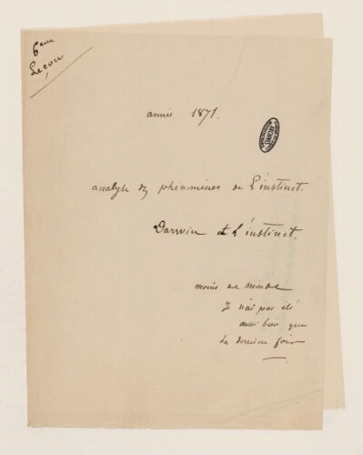 6ème leçon, 4ème année d'enseignement en Sorbonne, 1871 - Analyse des phénomènes de l'instinct, Darwin et l'instinct.