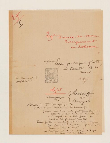 1ère leçon, 29ème année d'enseignement en Sorbonne, 13 mars 1897 - Campagnes de Roscoff et Banyuls.
