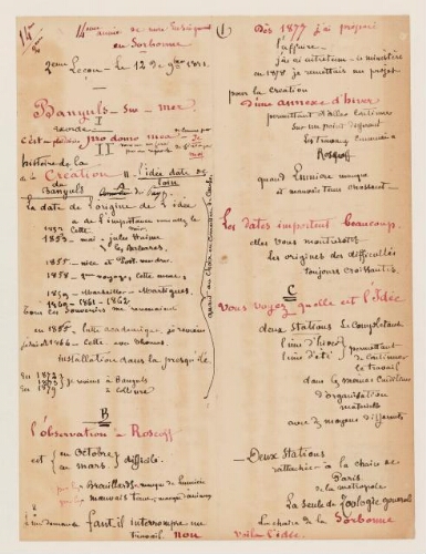 2ème leçon, 14ème année d'enseignement en Sorbonne, 12 novembre 1881 - Histoire de la création de Banyuls-sur-Mer.