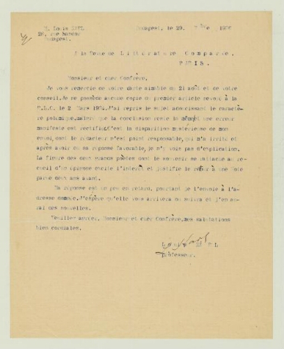 Correspondance adressée à la Revue de littérature comparée 1936