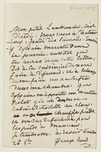 Lettre du 26 octobre 1852 de George Sand à Eugène Lambert
