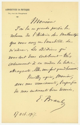 Correspondance d'Edouard Branly à Robert de Montessus de Ballore